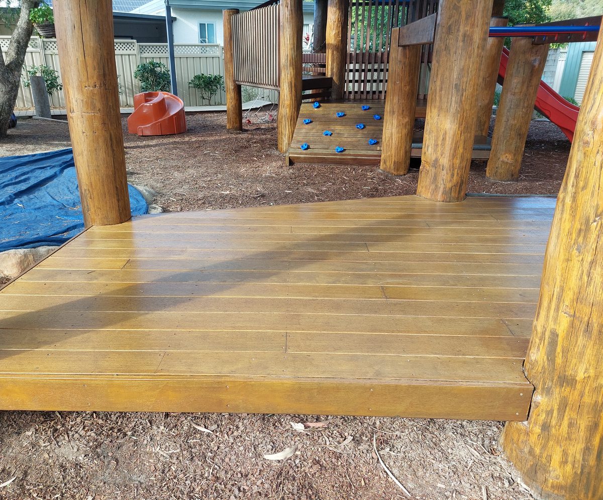 Finished timber playground deck, sanded and oiled
